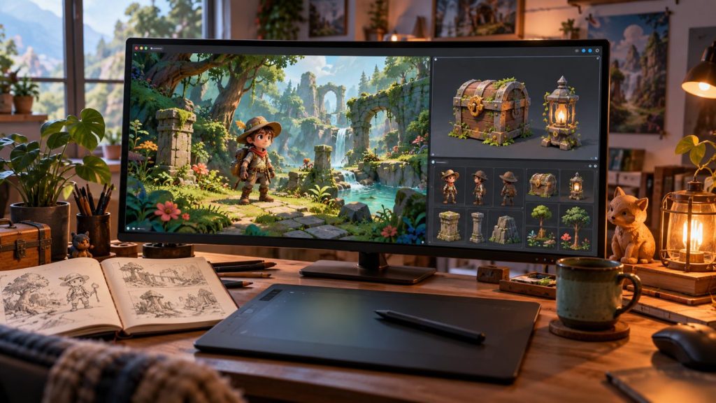 Illustrative game art workspace showing a forest explorer, matching props and a drawing tablet.