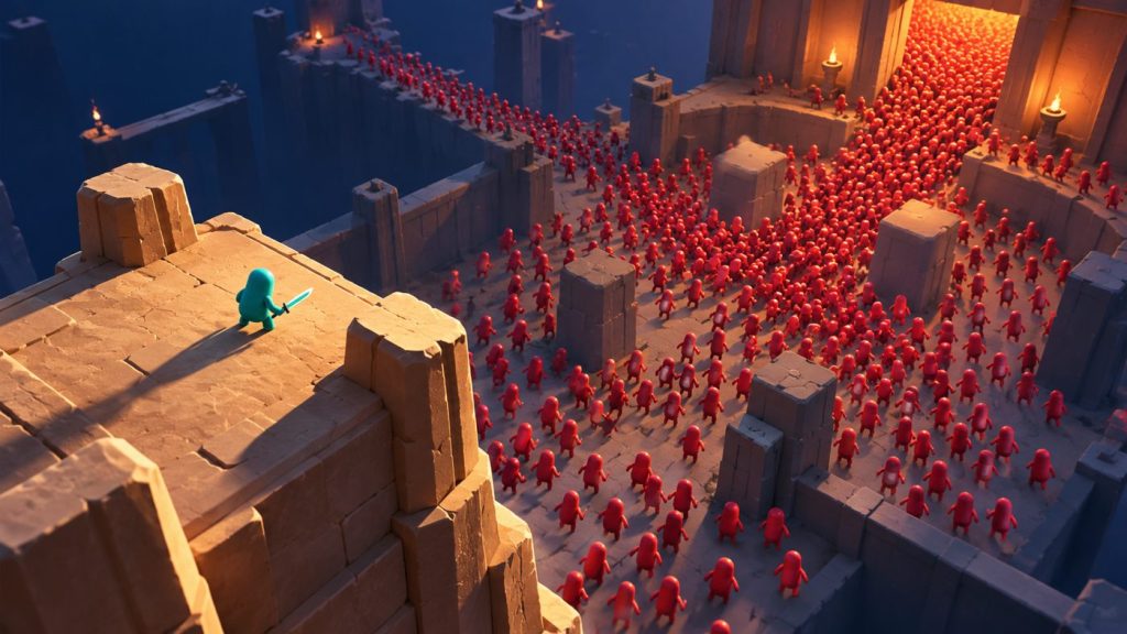 Original editorial illustration of a teal player facing a stream of red enemies in a geometric arena.