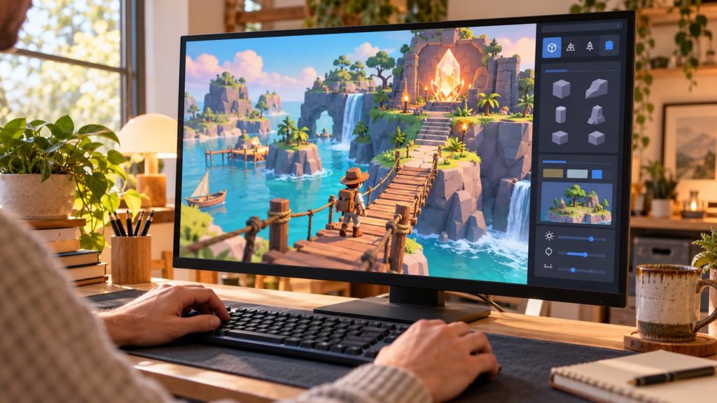 Illustrative home workspace with a playable island adventure game on a monitor.