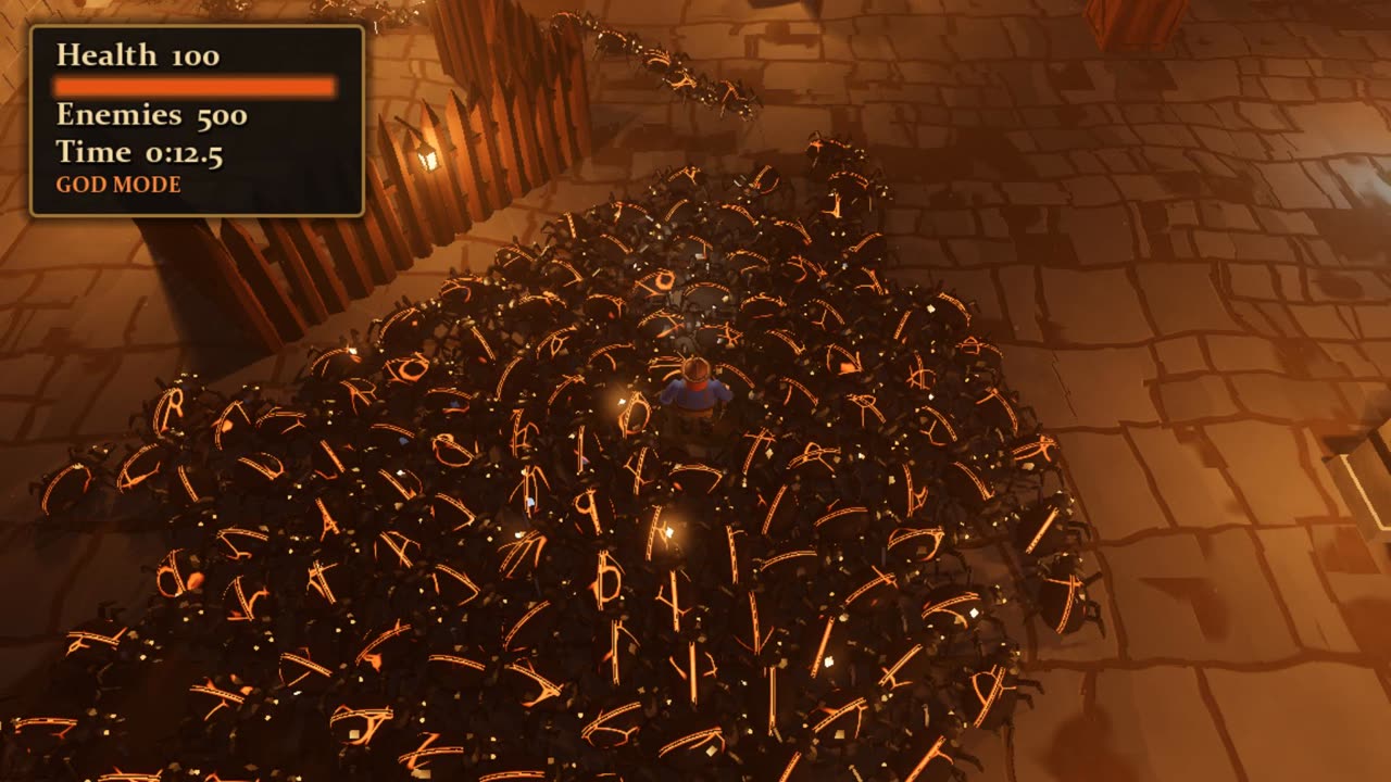A dwarf player surrounded by beetle enemies in Flockbay’s dressed prototype.