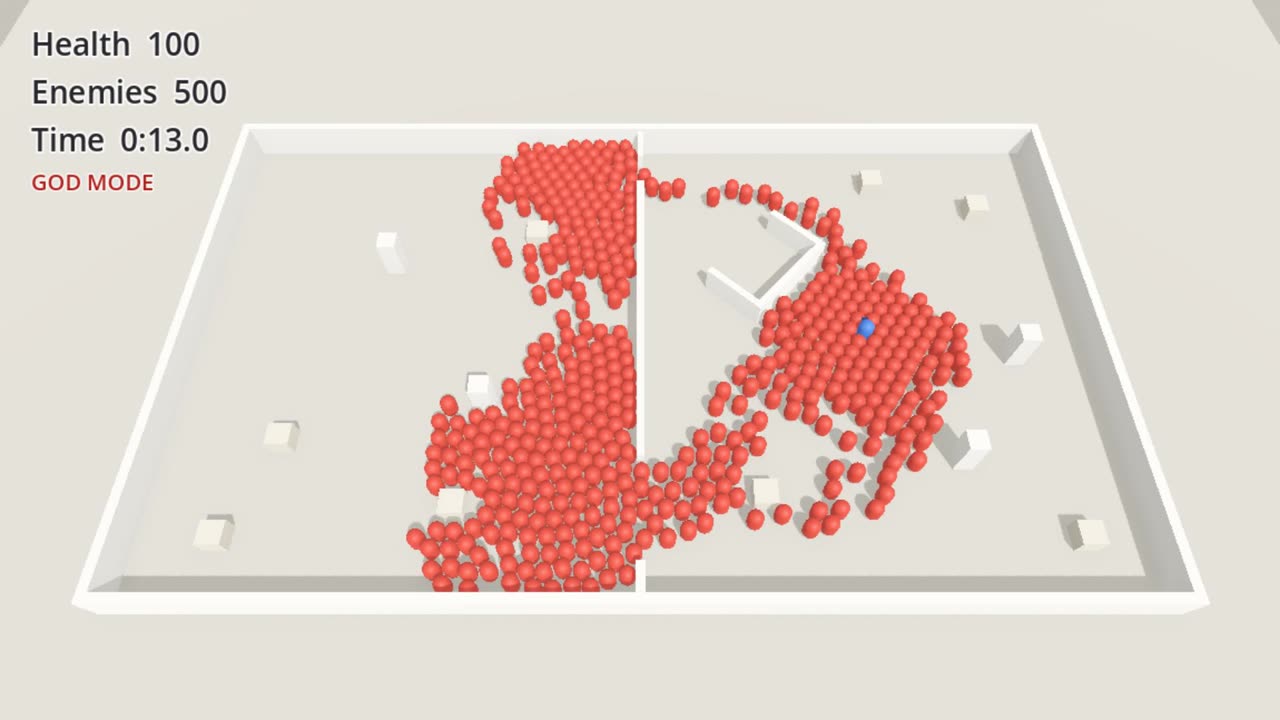 Red capsule enemies in Flockbay’s grey-box Godot arena.